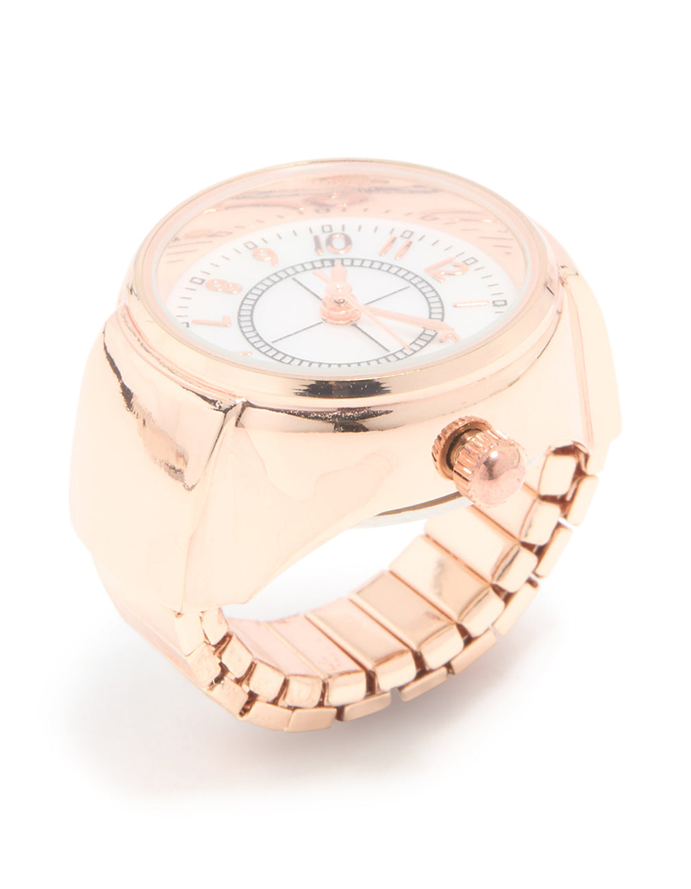 Crafted from rose gold this statement watch ring with numbers side detail view