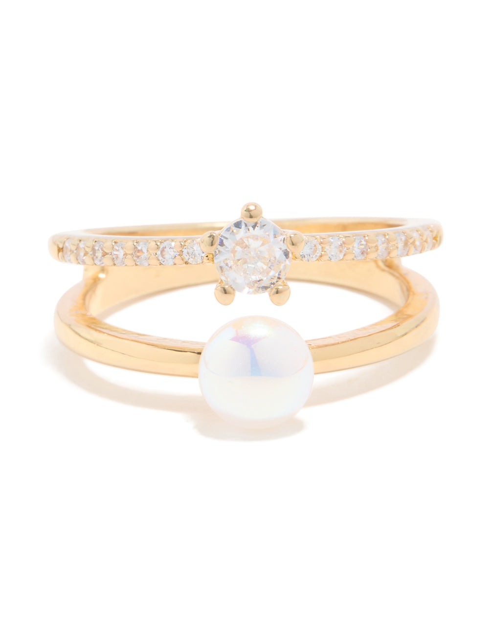 Gold Plated Cubic Zirconia & Pearl Open Stacked Ring