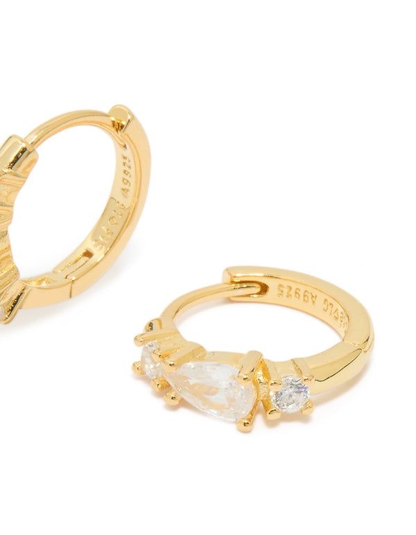 Gold Plated Sterling Silver Pear Cubic Zirconia Huggie Earrings