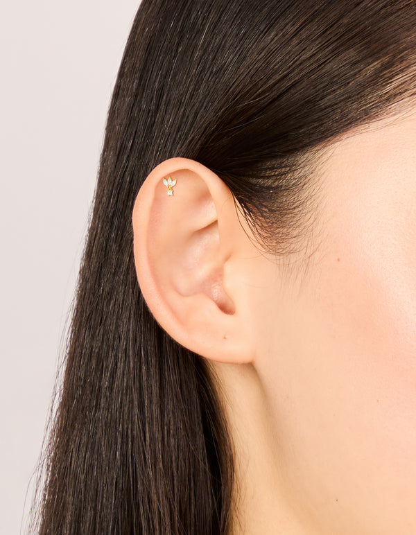 Featuring gold plated sterling silver cubic zirconia fan marquise single flat back stud on ear view