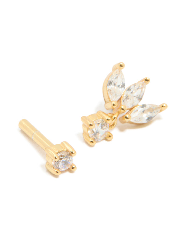 Presenting gold plated sterling silver cubic zirconia fan marquise single flat back stud close up view
