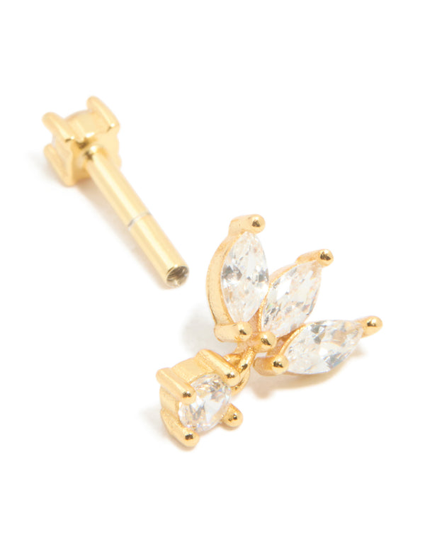 Presenting gold plated sterling silver cubic zirconia fan marquise single flat back stud close up view