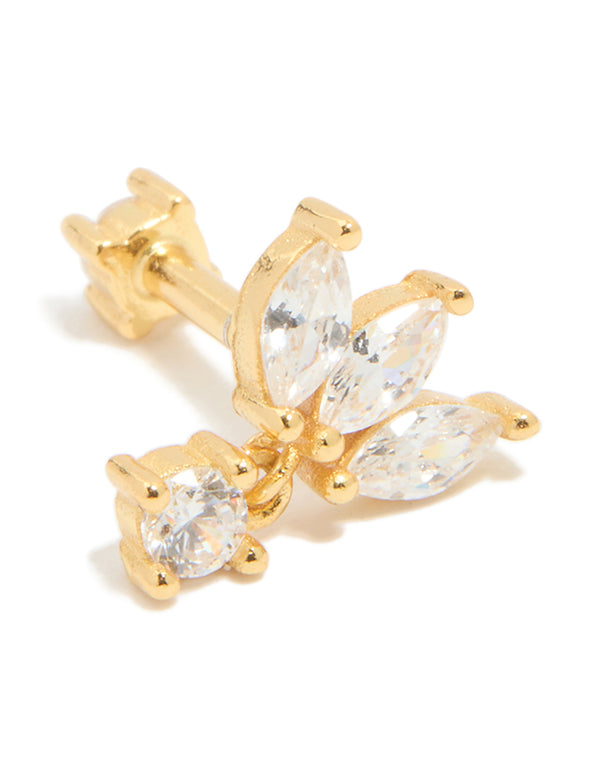 Gold Plated Sterling Silver Cubic Zirconia Fan Marquise Single Flat Back Stud