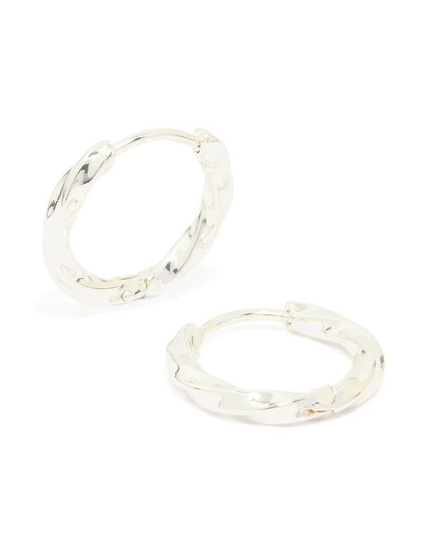 Elegant waterproof stainless steel twisted hoop earrings in silver front view