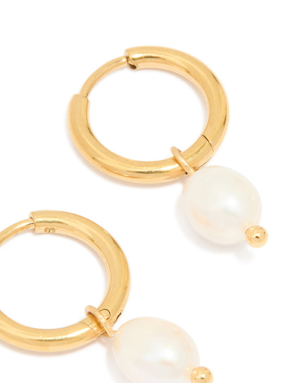 Waterproof Gold Plated Stainless Steel Mini Pearl Drop Huggie Earrings