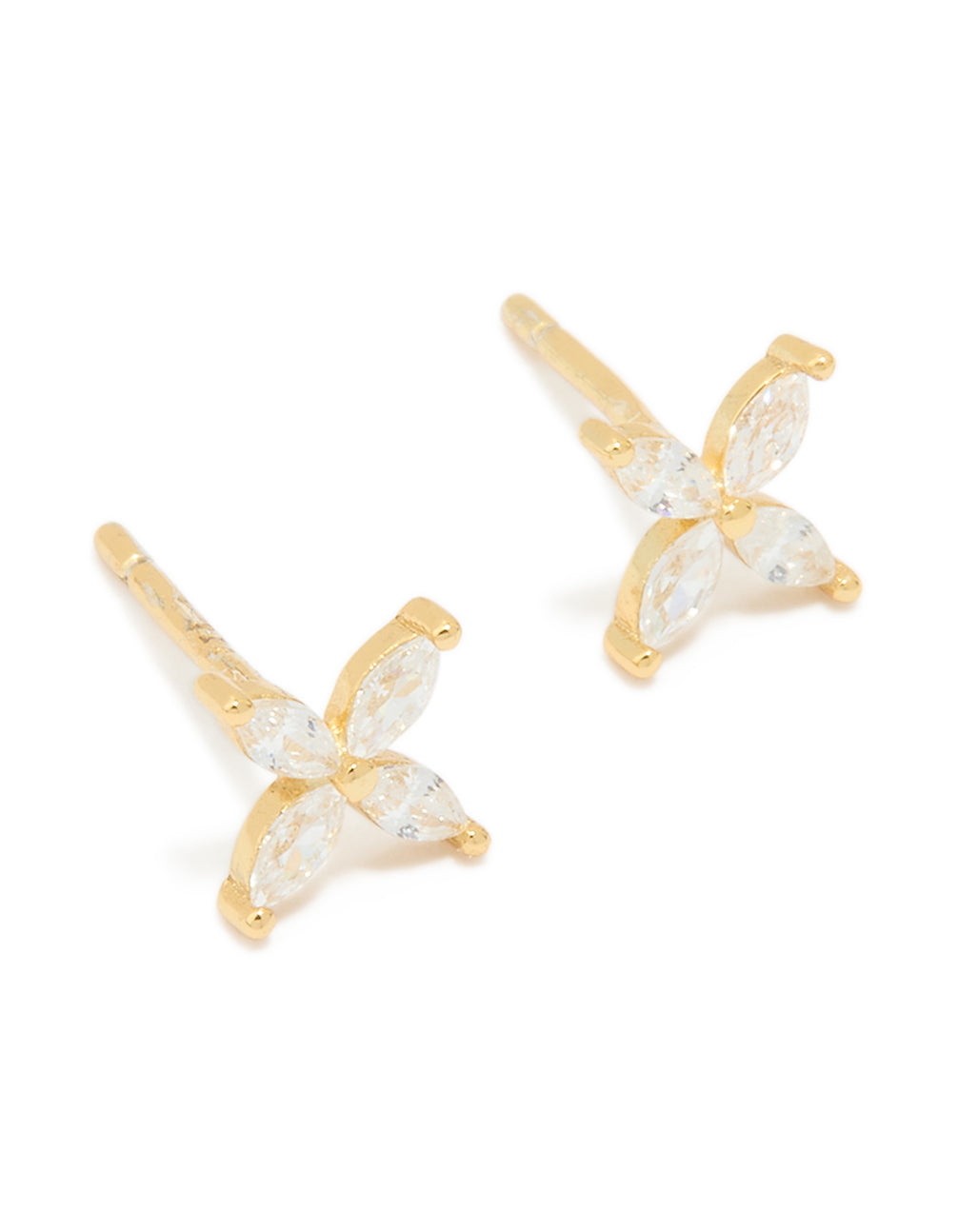 Elegant waterproof floral stainless steel stud earrings featuring cubic zirconia in gold plated finish with clear accents front view