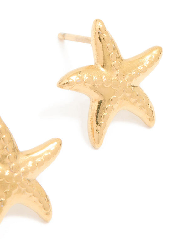 Highlighting waterproof gold plated stainless steel textured starfish stud earrings with ocean-inspired post detail view
