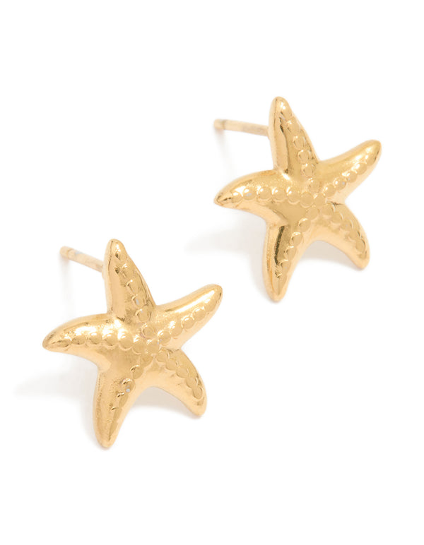 Showcasing waterproof gold plated stainless steel textured starfish stud earrings with ocean-inspired design front view