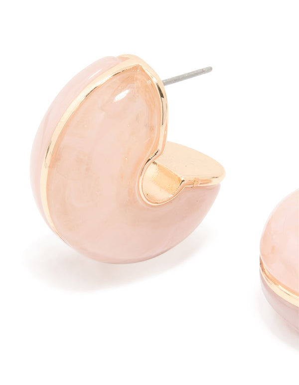 Gold Pink Marble Moon Hoop Earrings