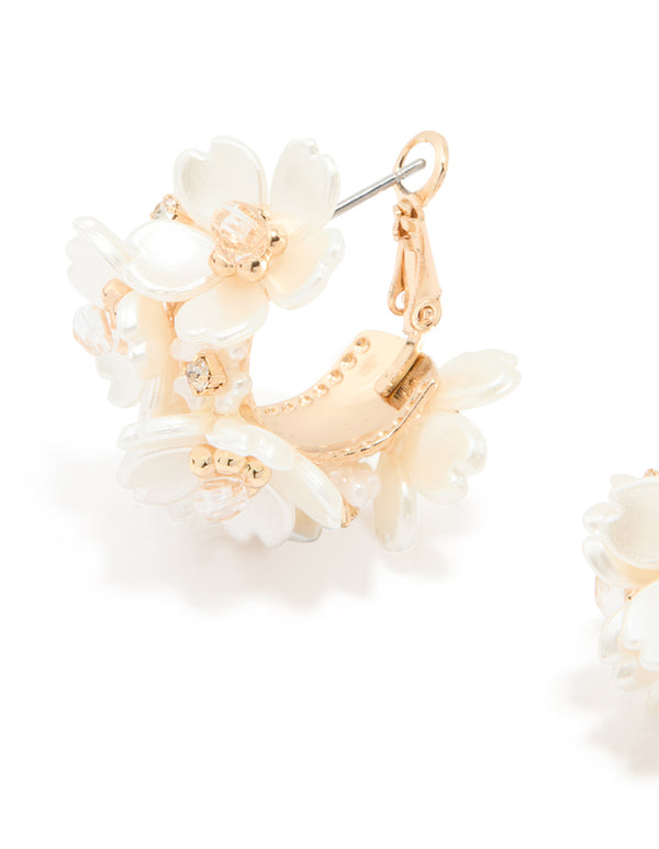 Gold Freshwater Pearl Flower Hoop Earrings