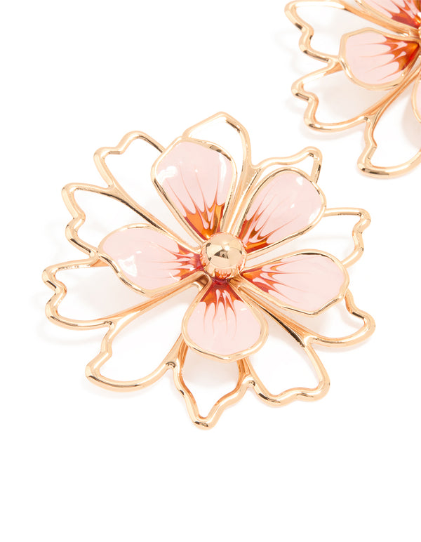 Gold Pink Enamel Flower Stud Earrings