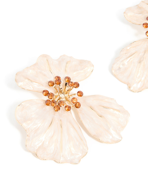 Gold Enamel Diamante Centre Flower Stud Earrings
