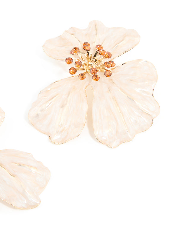 Gold Enamel Diamante Centre Flower Stud Earrings