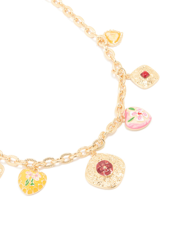 Gold Enamel Heart Charm Necklace