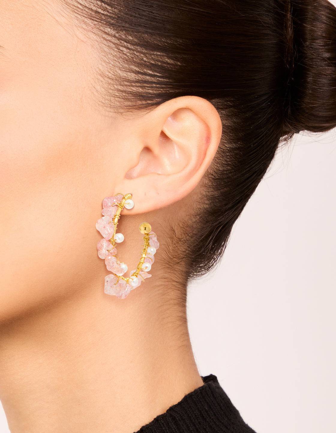 Gold Plated Rose Quartz Pearl Hoop Earrings