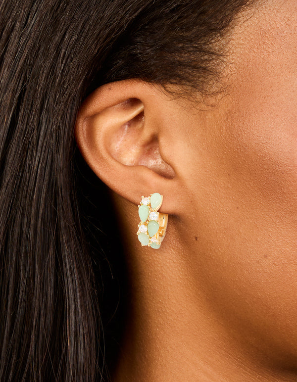 Gold Plated Green Semi Precious Stone & Cubic Zirconia Hoop Earrings
