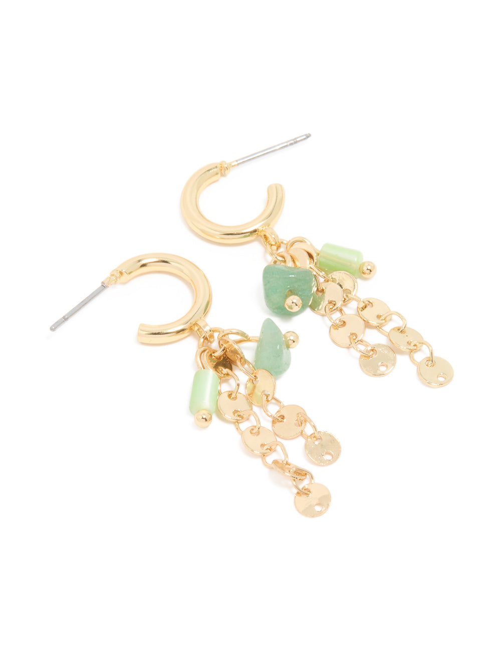 Gold Plated Green Semi Precious Stone Disc Drop Hoop Earrings