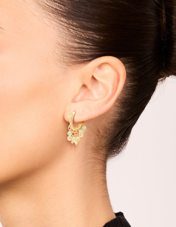 Gold Plated Green Semi Precious Stone Heart Drop Huggie Earrings