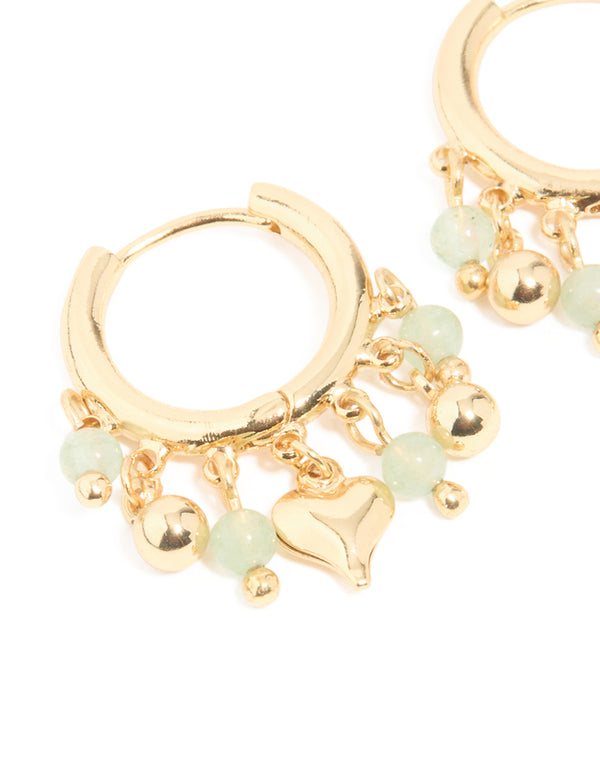 Gold Plated Green Semi Precious Stone Heart Drop Huggie Earrings