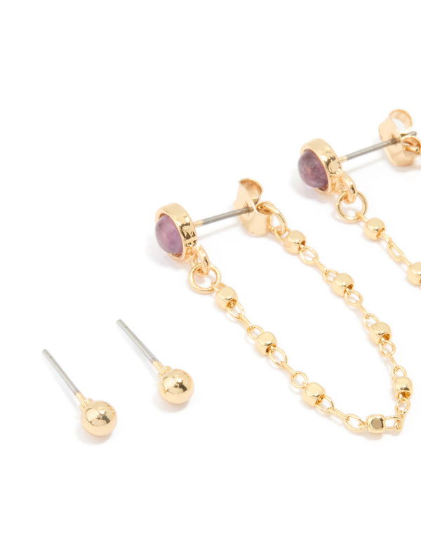 Gold Plated Amethyst Chain & Huggie Earrings 4-Pack
