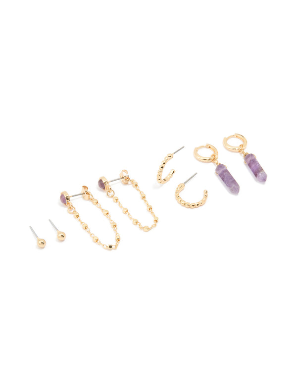 Gold Plated Amethyst Chain & Huggie Earrings 4-Pack