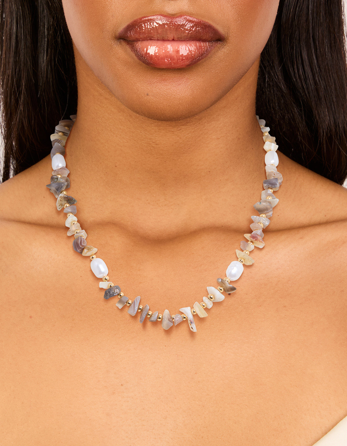 Gold Plated Mixed Semi Precious Stone Pearl Chip Necklace