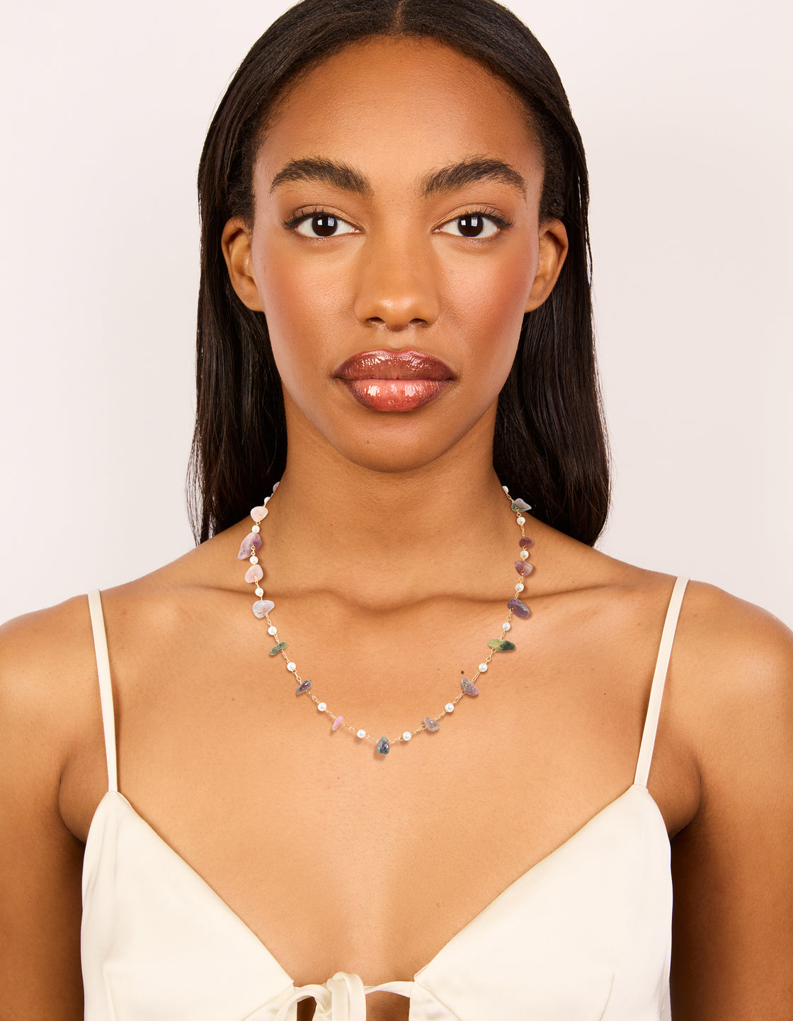 Gold Plated Semi Precious Stones & Pearls Alternating Necklace