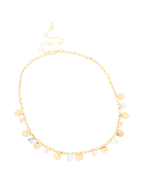 Gold Plated Multicoloured Semi Precious Stone Disc & Droplet Necklace