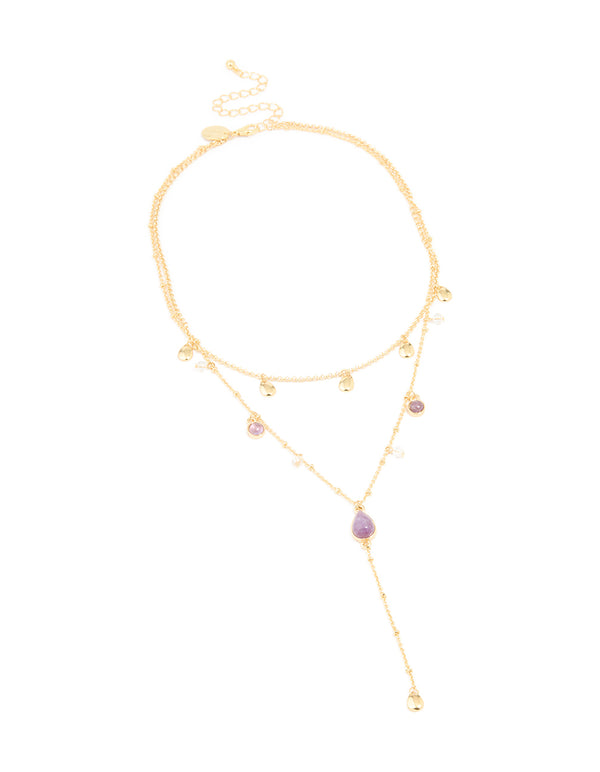 Gold Plated Purple Semi Precious Stone Droplet Layered Y-Necklace