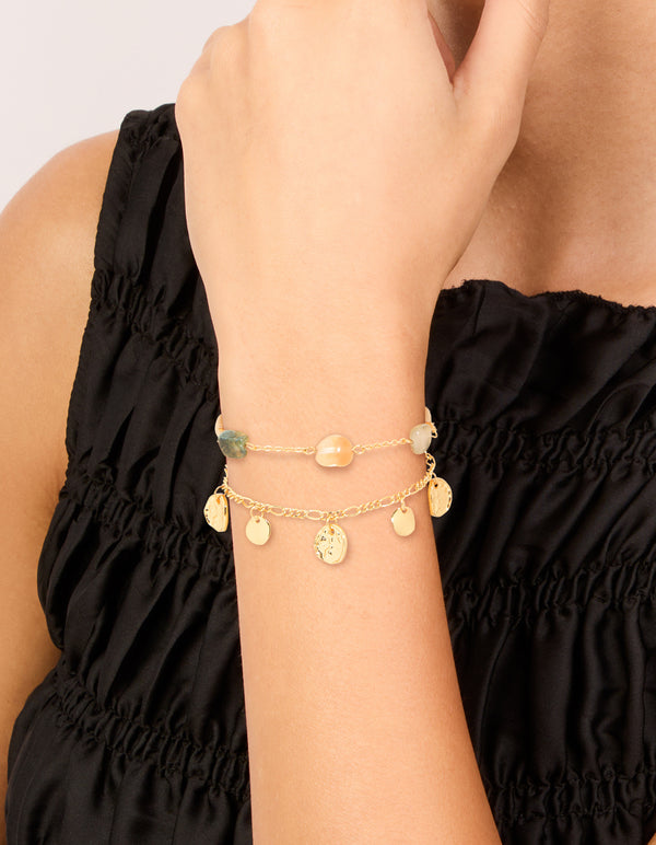 Gold Plated Beaded Semi Precious Stone & Disc Layered Bracelet