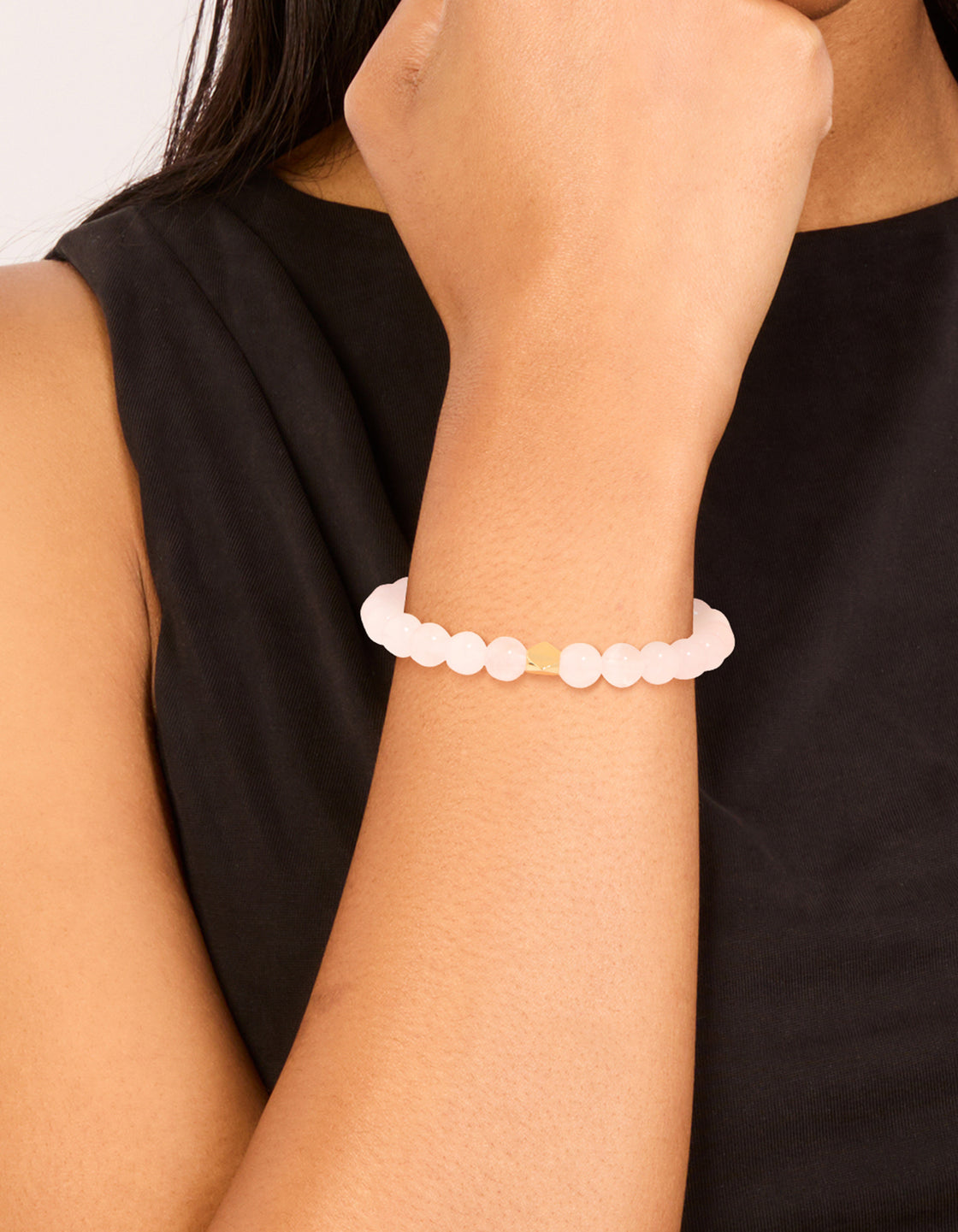 Gold Plated Round Rose Quartz Stretch Bracelet