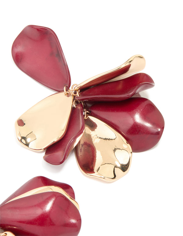 Gold & Dark Red Petal Drop Earrings
