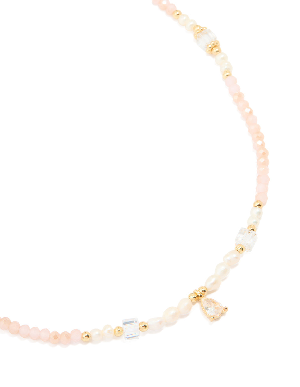 Gold Plated Rose Quartz Freshwater Pearl Cubic Zirconia Beaded Necklace