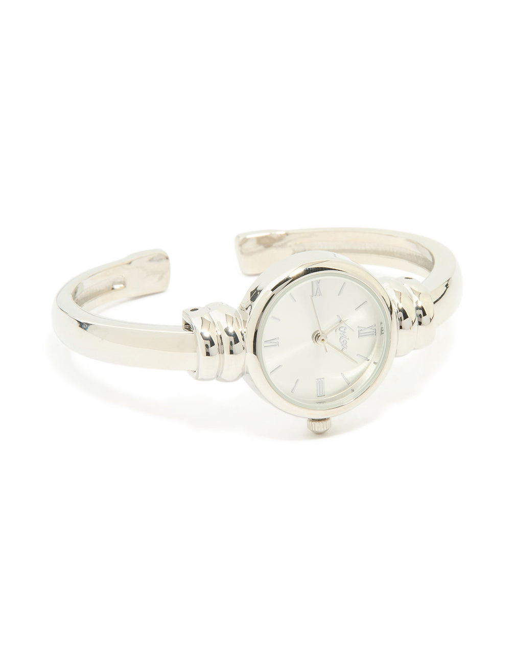 Crafted with a white dial featuring roman numerals, this women's formal analog watch in bangle style front view