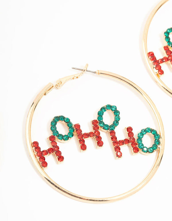 Gold Red & Green Ho Ho Ho Hoop Earrings