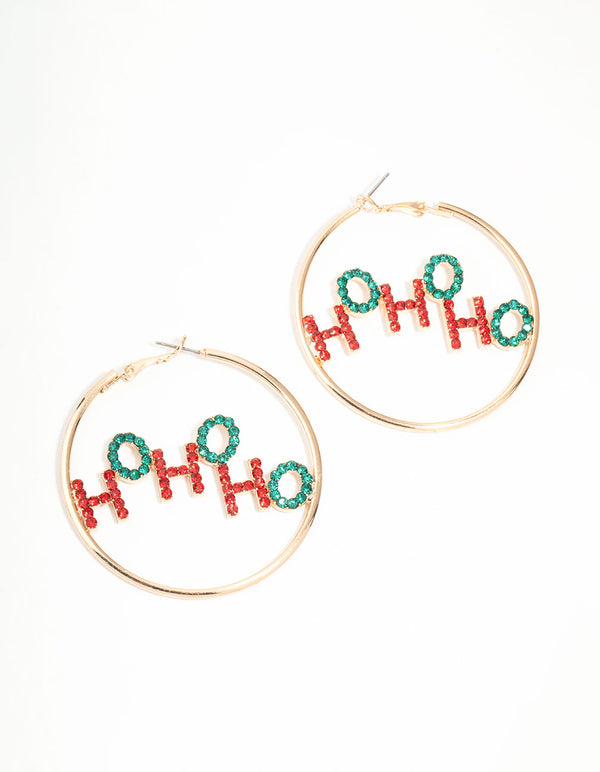 Gold Red & Green Ho Ho Ho Hoop Earrings
