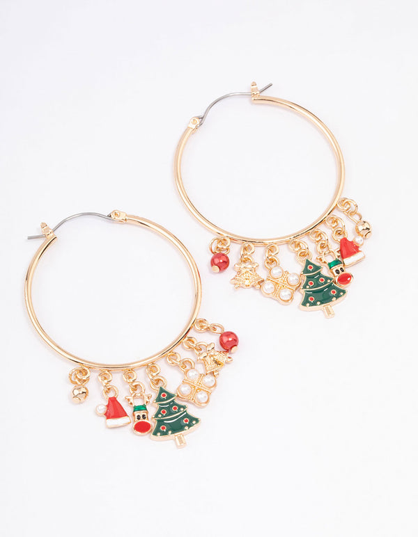 Gold Bell & Santa Hat Charm Hoop Earrings