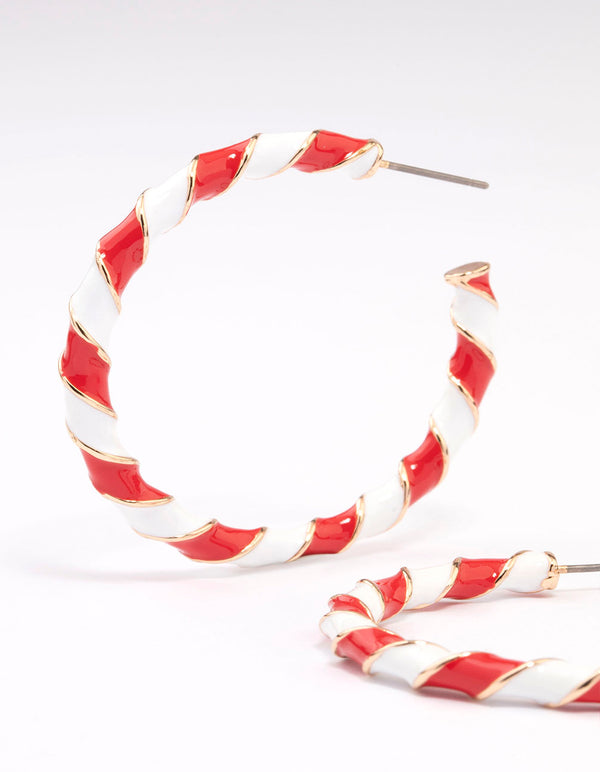 Red & White Enamel Candy Cane Hoop Earrings