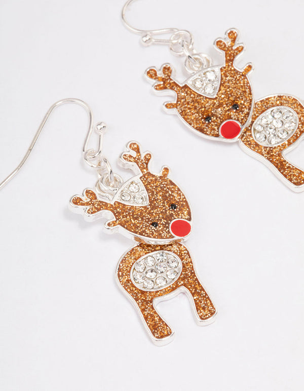 Silver Brown Glitter Red Nosed Reindeer Drop Earrings