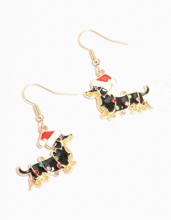 Gold Festive Dachshund Dog With A Santa Hat Earrings