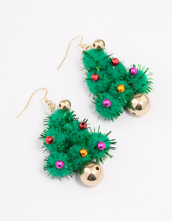 Gold Green Pom Pom Festive Tree Drop Earrings