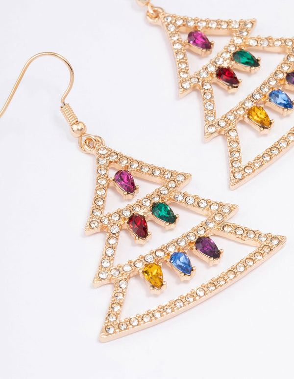 Gold Festve Tree & Lights Drop Earrings