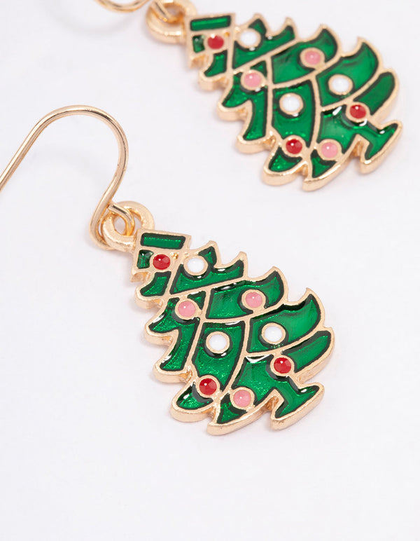 Gold Green Enamel Festive Tree Drop Earrings