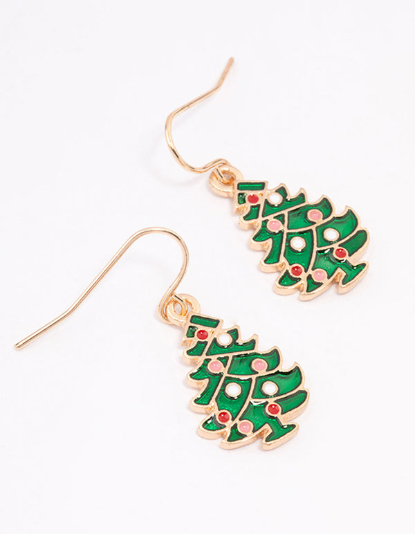 Gold Green Enamel Festive Tree Drop Earrings