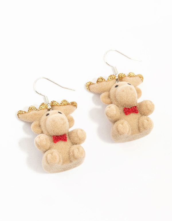 Silver Fluffy Reindeer Earrings