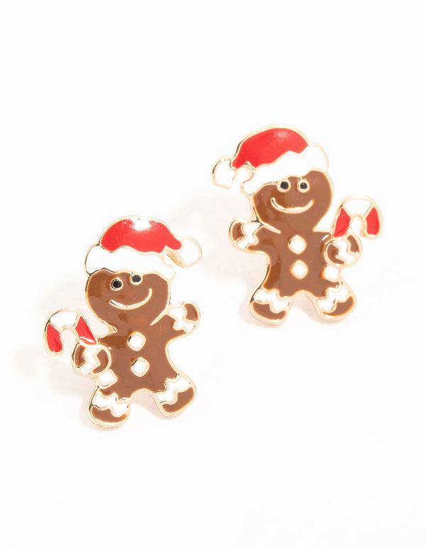 Gold Gingerbread Man With Candy Canes Stud Earrings