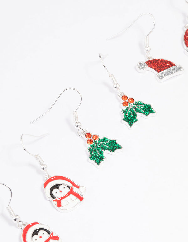 Silver Glitter Holly & Santa Hat Earrings 3-Pack