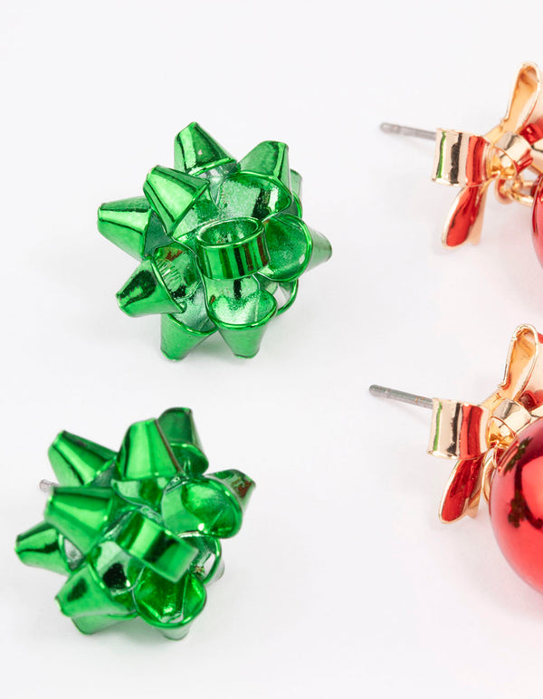 Green Present Bow & Red Bauble Earrings 2 Pack