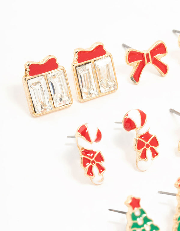 Gold Candy Cane & Bow Earrings 12-Pack