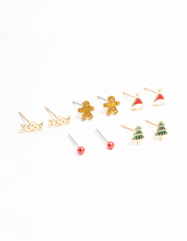 Gold Red Santa Hat & Gingerbread Men Stud Earrings 5-Pack